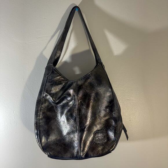 JING PIN PI JU Small Hobo Bag Shimmer Metallic Patent Black Shoulder Purse Y2K - Picture 1 of 9